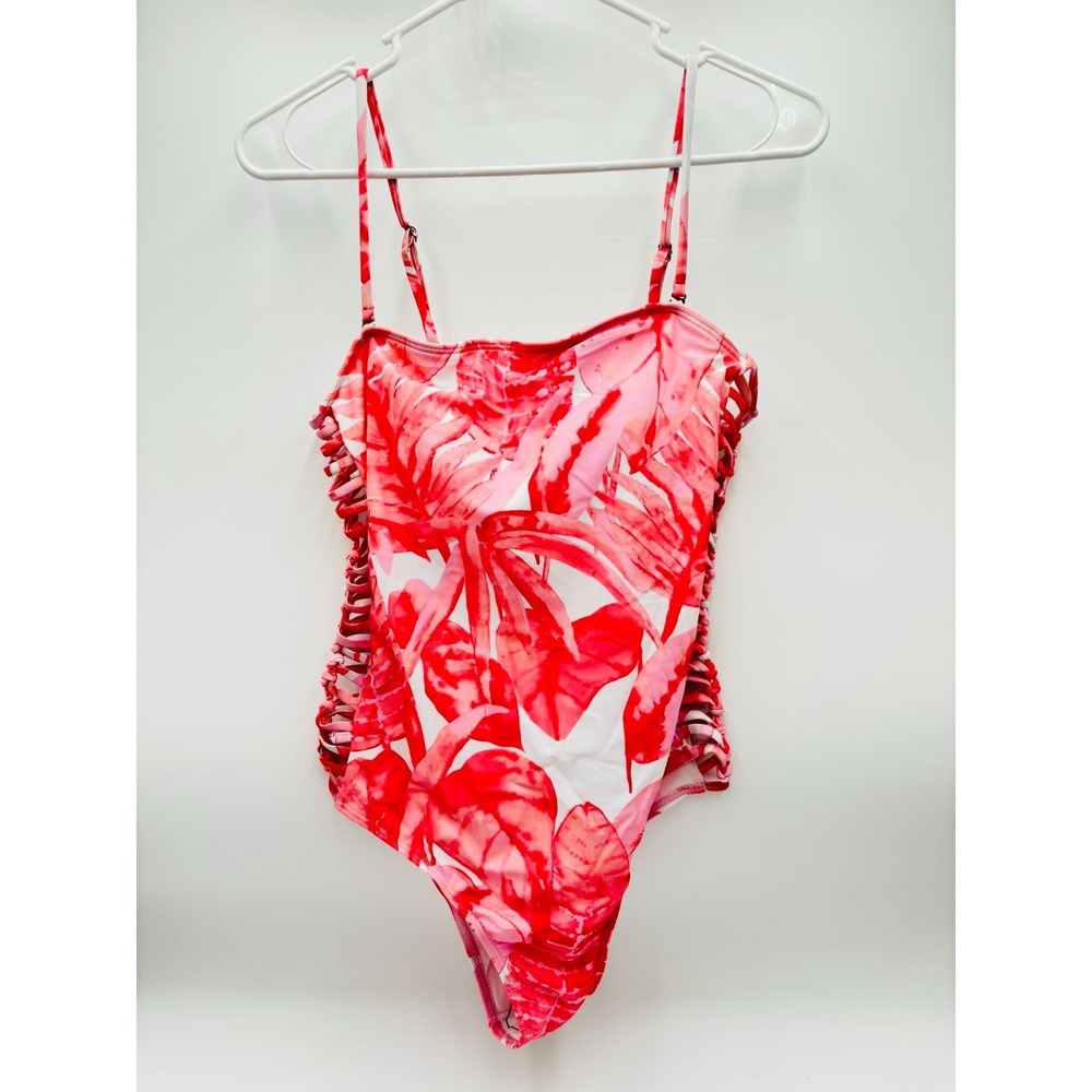 And The Why One Piece Swimsuit Pink Tropical Lace Up Side Cutout NEW